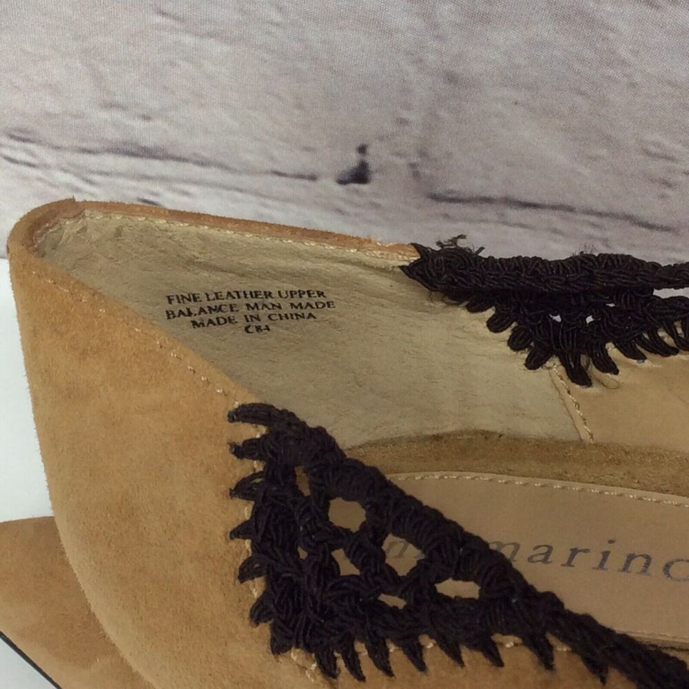 Ann Marino Leather Suede Pump Shoes Womens Size 7.5 Tan/Black Crochet Trim Heels - Picture 7 of 12